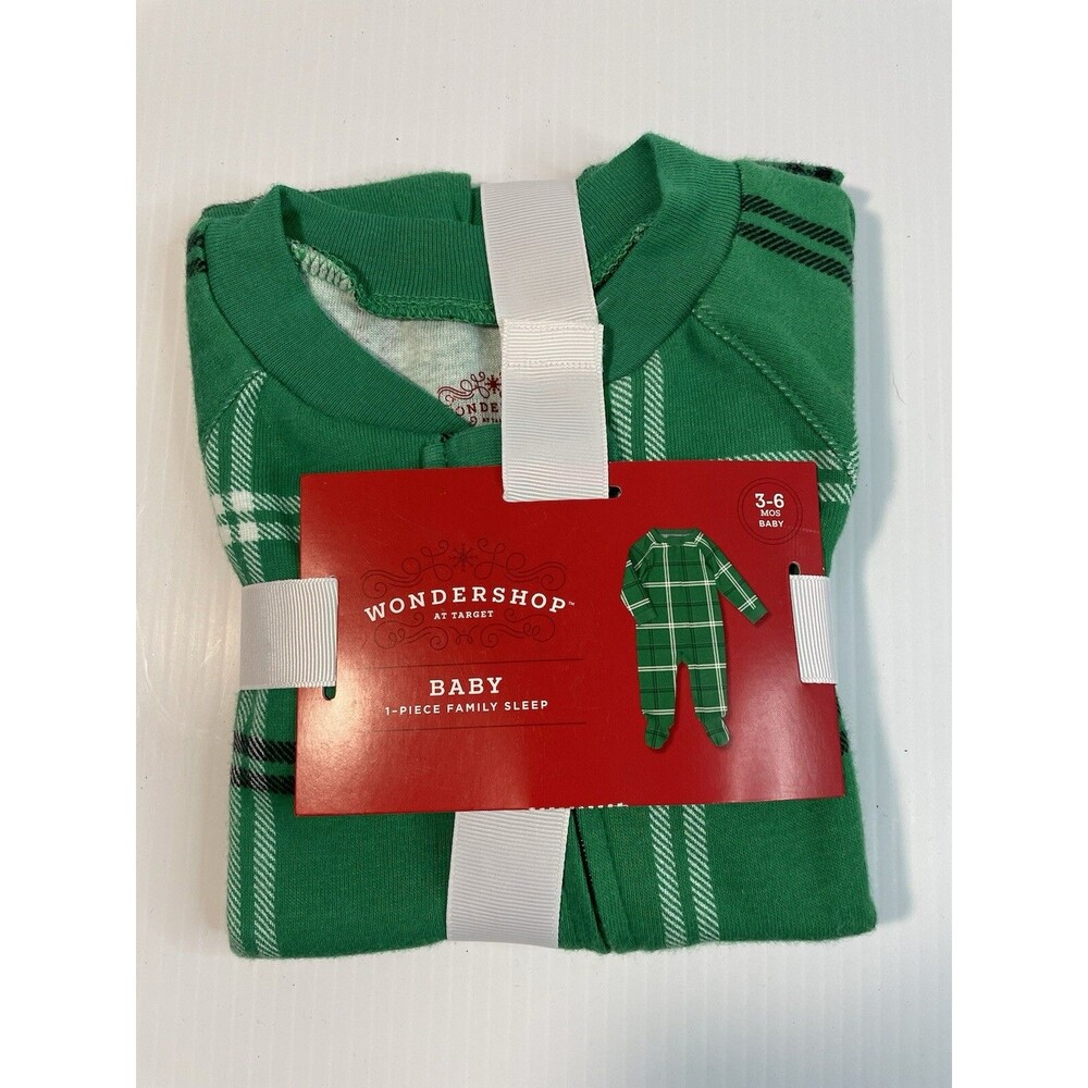 Wondershop Unisex Green White Plaid Christmas 1-Pc Footed Sleeper 3-6 Months